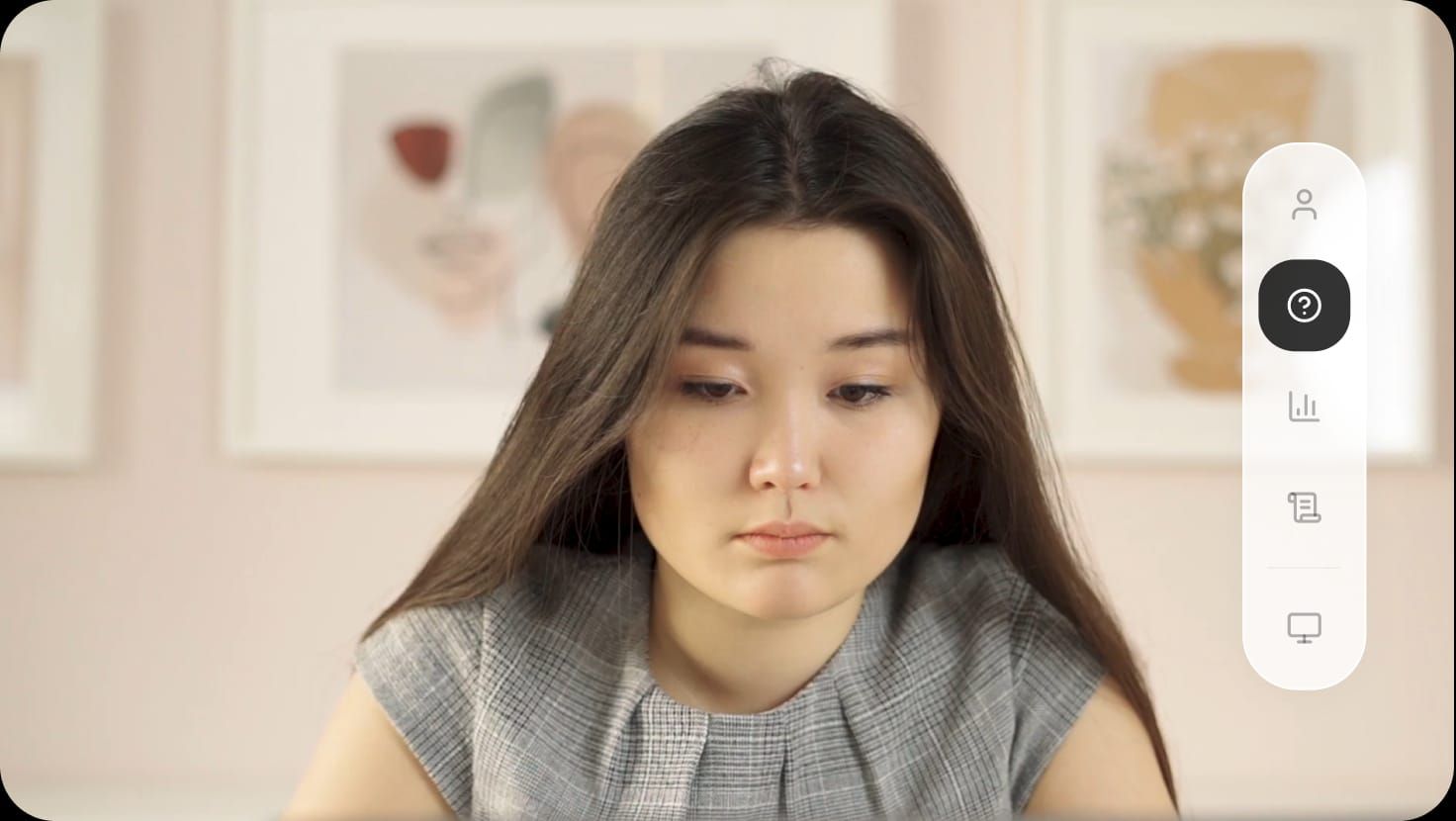 AI moderator running a live video interview with a participant, side panel showing analysis icons